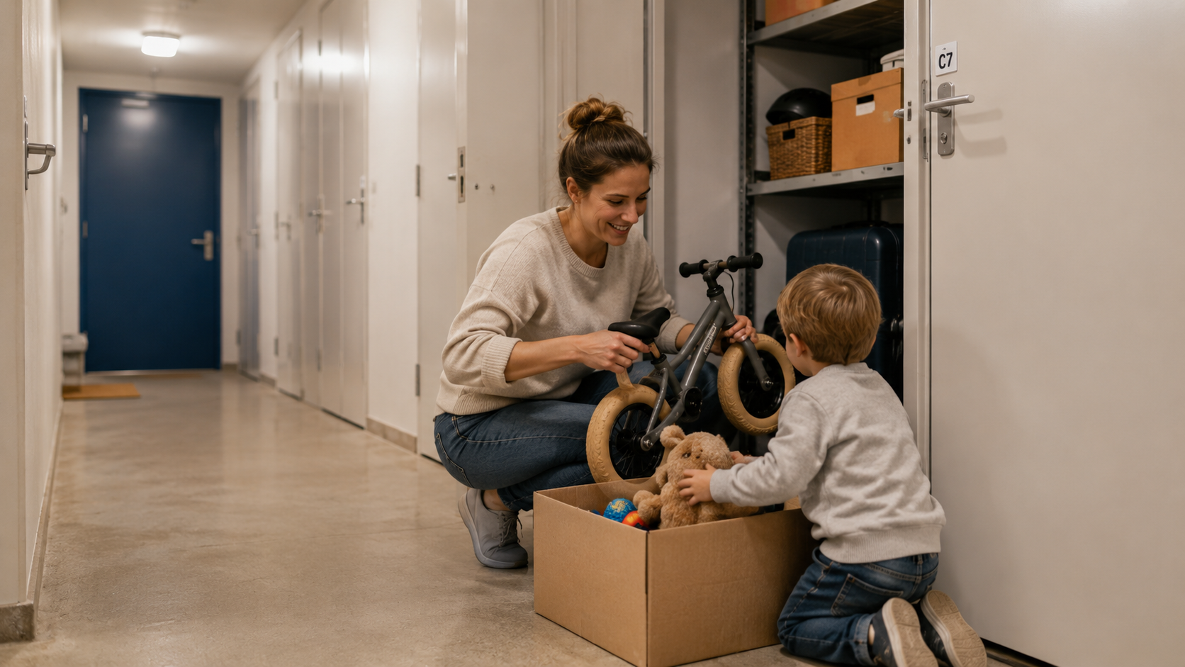 Une famille range un vélo dans une cave d’immeuble