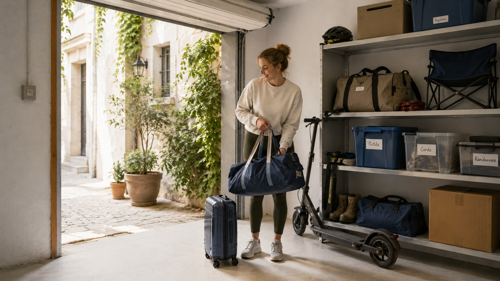 Une femme range des affaires dans un garage de centre-ville
