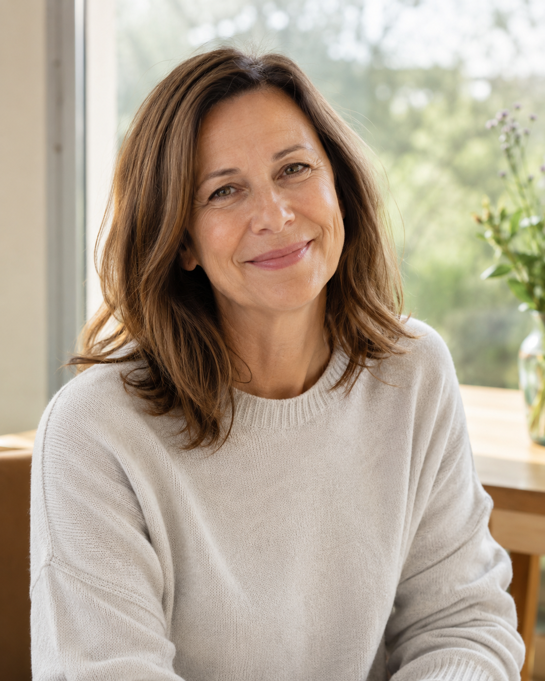 Portrait de Nathalie, souriante, dans son intérieur près de la fenêtre